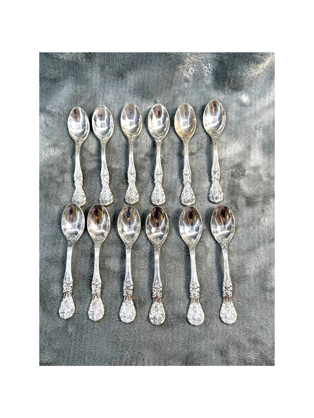FB Rogers French Rose Silverplate Demitasse Spoons Set 12 Vintage Ornate Floral